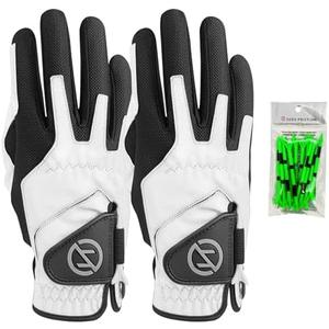 Zero Friction Men's Compression-Fit Synthetic Golf Glove, Universal Fit One Size (Pack of 2) with Pack of Golf Tees