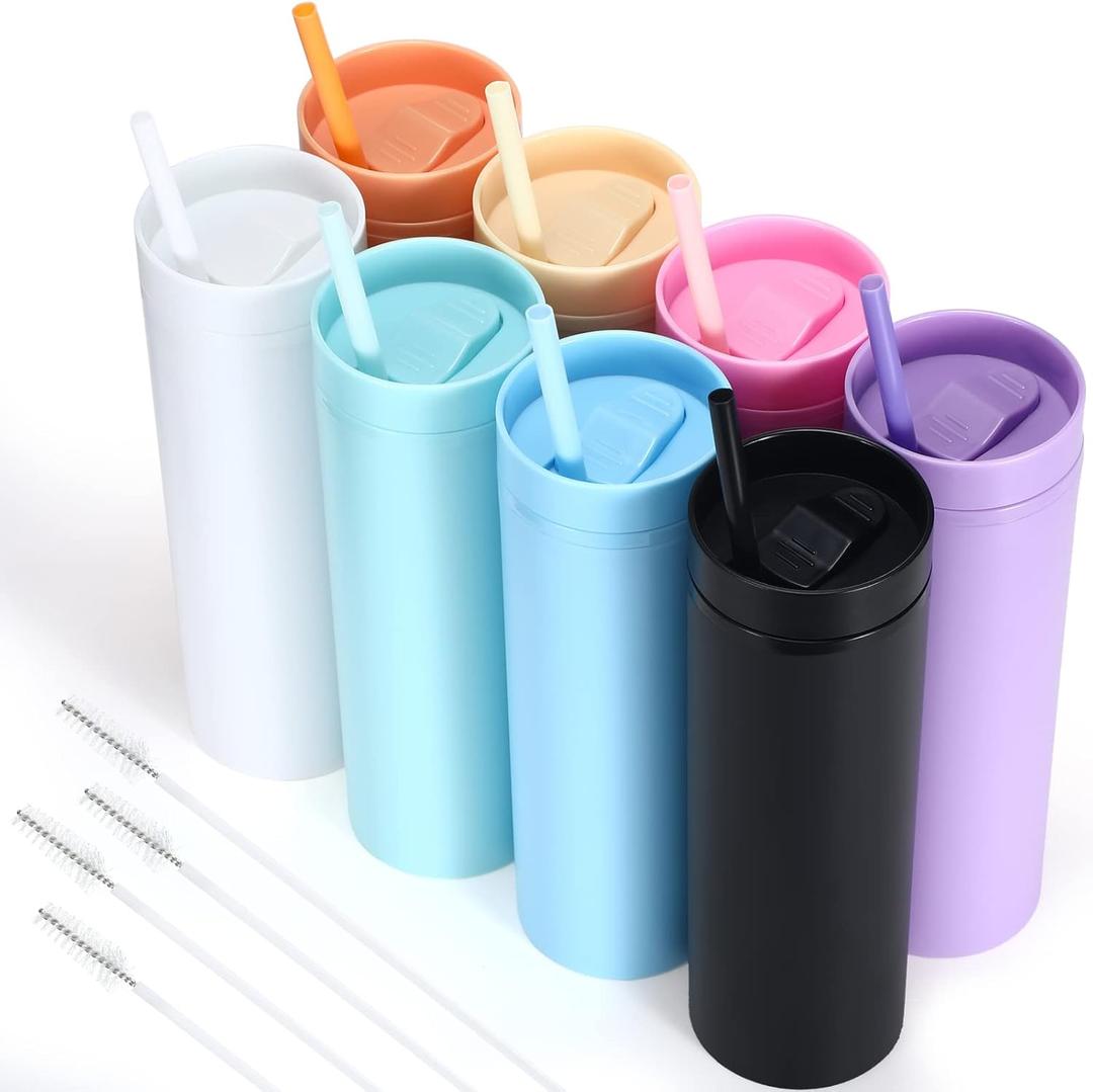 CHENGU Matte Pastel Colored Acrylic Tumblers Set with Lids, Straws & Straw Cleaner, DIY Vinyl Gifts, Reusable 16 oz (8 Pieces)