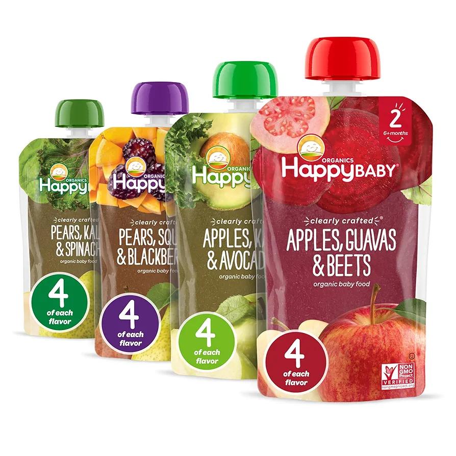 Happy Baby Organics Stage 2 Baby Food Pouches, Gluten Free, Vegan & Healthy Snack, Clearly Crafted Fruit & Veggie Puree, Fruit & Veggie Variety Pack, 4 Ounces (Pack of 16), BB 03 May 2025