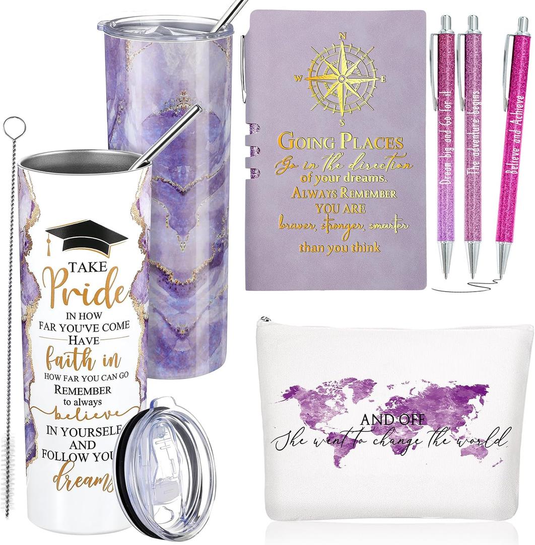 Domensi 6 Pcs Class of 2026 Graduation Gifts for Her Women Purple 20 oz Tumbler Makeup Bag Journal Ballpoint Pen Inspirational Graduation Gifts Set for College High School Daughter Sister Friend