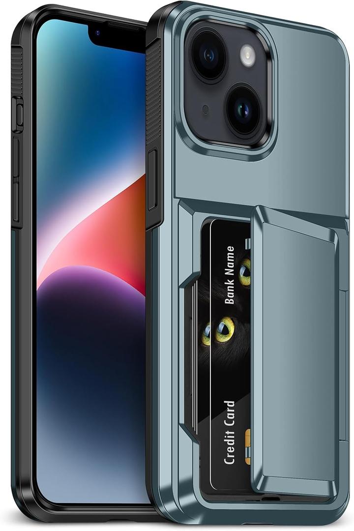 for iPhone 14 Case with Card Holder [Max 5 Cards] Heavy Duty Protective Shockproof Case Dual Layer Hidden Sliding Card Slot Wallet Case for iPhone 14 Phone Case Women&Men 6.1'' (Blue)