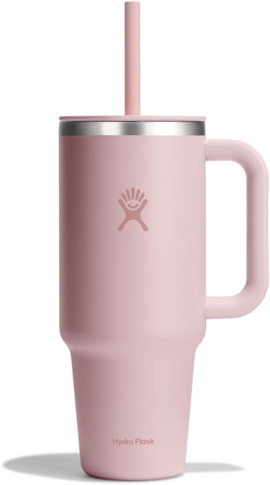 Hydro Flask Travel Tumbler with Handle, Lid and Straw - Insulated Stainless Steel in 40 Oz Tonal Trillium Pink
