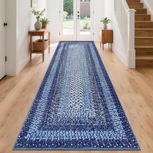 Washable Runner Rug 2x8 Bathroom Rugs Blue Modern Printed Braided Bedroom Rug Non Slip Geometric Area Rug Kitchen Rugs Stain Resistant Carpet for Laundry 2'x8' Navy Blue
