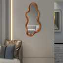 30"x 14" Irregular Wall Mirror, Wooden Walnut Framed Wall Asymmetrical Wavy Wall Mirror for Living Room Bedroom Entryway Bathroom Modern Decorative Mirror with Hanging Hooks