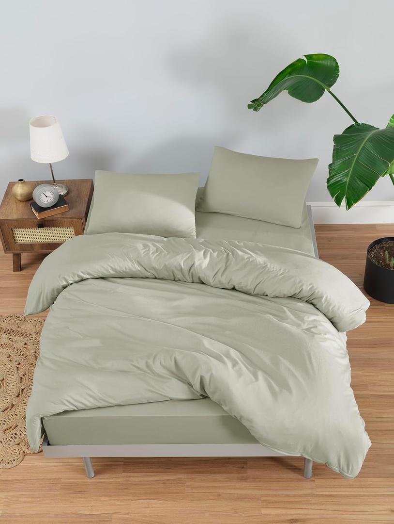 100% Cotton Jersey Duvet Cover Set - Ultra Soft & Breathable - All-Season Comfort - Easy Fit with 4 Corner Ties - Includes 2 Pillowcases - 3-Piece Bedding Set (Mineral Green, King/Cal King)