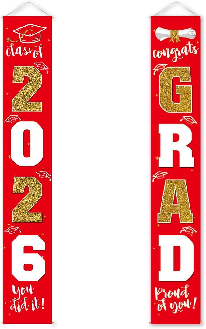 Graduation Decorations 2026 Banner Porch Sign Red Gold for Class of 2026 Graduates Party Supplies