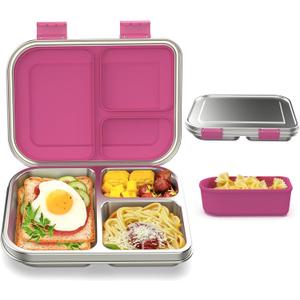 BABHAMNESS Stainless Steel Bento Box Kids, 3 Compartments Leak Proof Metal Bento Lunch Box, 304 Stainless Steel Bento Lunch Containers for School and Office,Dishwasher Safe, BPA-Free-Pink
