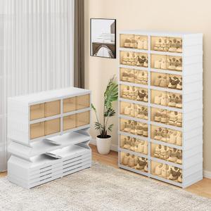 YITAHOME 8 Tiers-32 Pairs Easy Assembly Shoe Rack with Magnetic Doors, Foldable Shoe Storage Boxes for Closet, Collapsible Shoe Cabinet Sneaker Organizer for Entryway, Living Room, Closet (White)