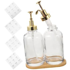 DRESSOOS 1Set Glass Syrup Dispenser Reusable Pump Bottles for Coffee Bar Kitchen Finish with Labels Tray for Honey Juice Sauces