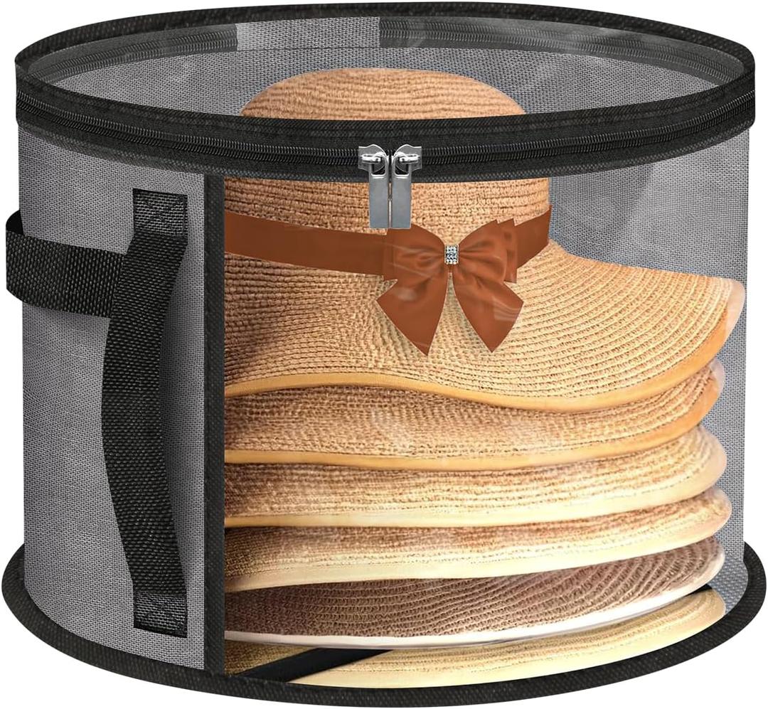 Extra Large Clear Hat Organizer for Travel and Wardrobe, Holds up to 7 Hats, Large Capacity Cowboy Hat Organizer, Oxford Cloth with Carrying Handle, Unisex Hat Box (Gray)