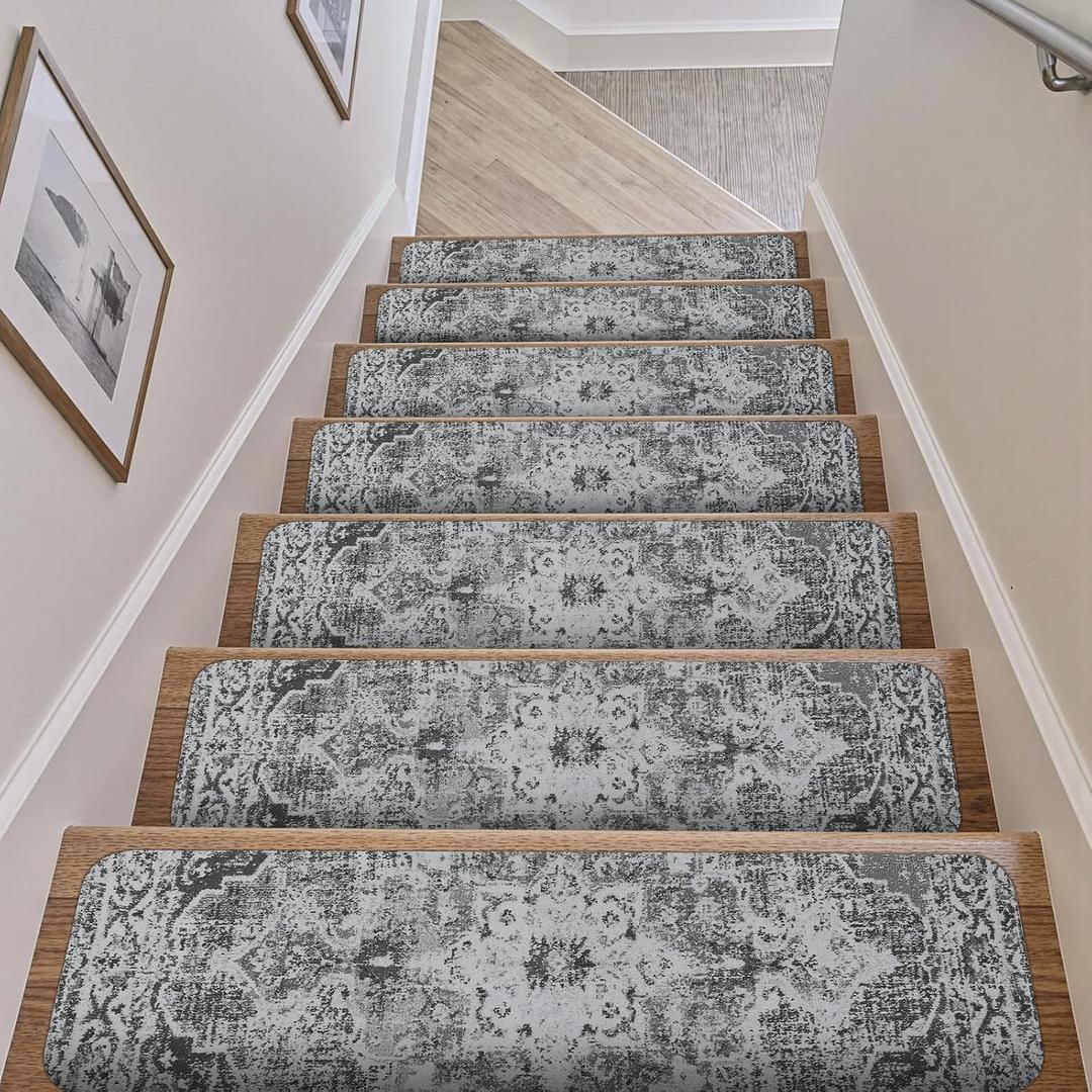 OJIA Stair Treads Non Slip Stair Runners for Wooden Steps Indoor, 15PCS 8"x30" Rubber Backing Carpet Treads for Wood Stairs Staircase Step Treads for Kids & Dogs, Stair Covers Safety Mats