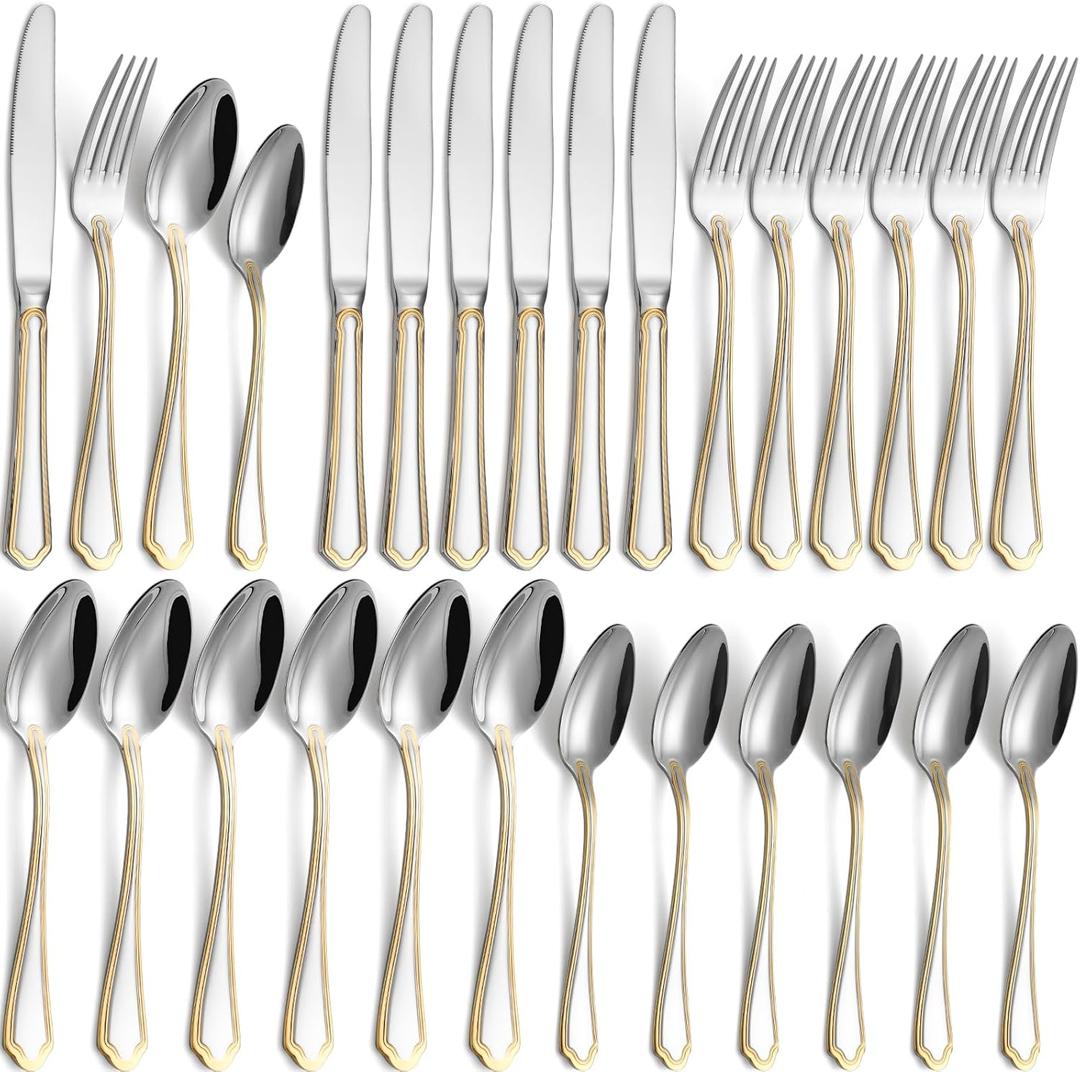 24-Piece Gold Silverware Set Stainless Steel Flatware Set for 6,Mirror Polished Cutlery Utensil Set for Home,Kitchen,Restaurant