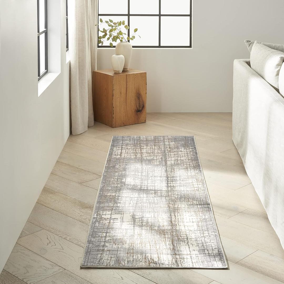 Calvin Klein CK950 Rush Ivory/Grey 2'3" x 7'3" Area Rug, Modern, Abstract, Easy Clean, Non Shedding, Bed Room, Living Room, Dining Room, Kitchen (7' Runner)