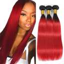 1B/Red Human Hair Bundles Ombre Straight Human Hair Bundles 16 18 20 inch Double Weft Brazilian Virgin Remy Hair Extensions Soft and Silky For Black Women