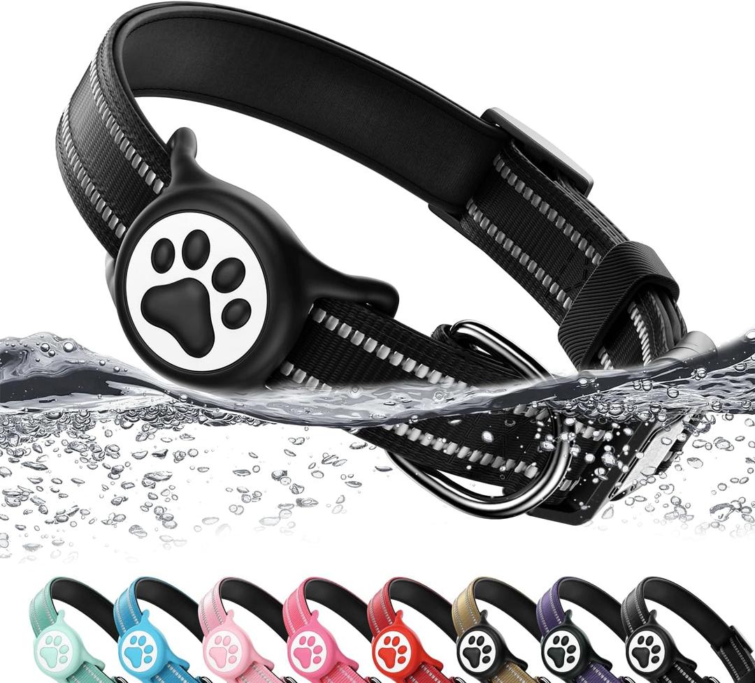 Airtag Dog Collar, Reflective Ultra-Durable Nylon Padded with QR Code Buckle & IP68 Waterproof Air Tag Holder Compatible for Apple AirTag, Comfortable for Small Medium Large Dogs(Black,S)