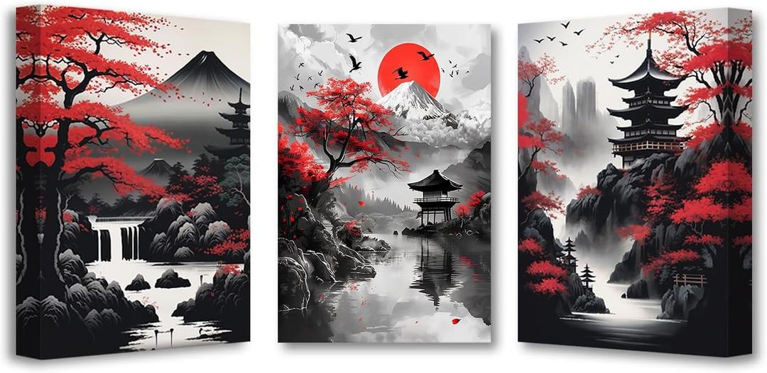 PBXBJY Japanese Canvas Wall Art 3 Pieces Japanese Landscape Painting Prints Red and Black Cherry Blossom Trees Building Pictures Living Room Office Decor Frame (16x24inchx3Pcs) PBXBJY Japanese Canvas Wall Art 3 Pieces Japanese Landscape Painting Prints Red and Black Cherry Blossom Trees Building Pictures Living Room Office Decor Frame (16x24inchx3Pcs)