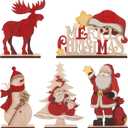 RoseCraft Christmas Decorations, Rustic Wooden Xmas Tabletop Decor, with Snowman Reindeer Xmas Tree Santa Claus Christmas Sign. for Home Farmhouse Indoor Holiday Party Decor - 5PCS.