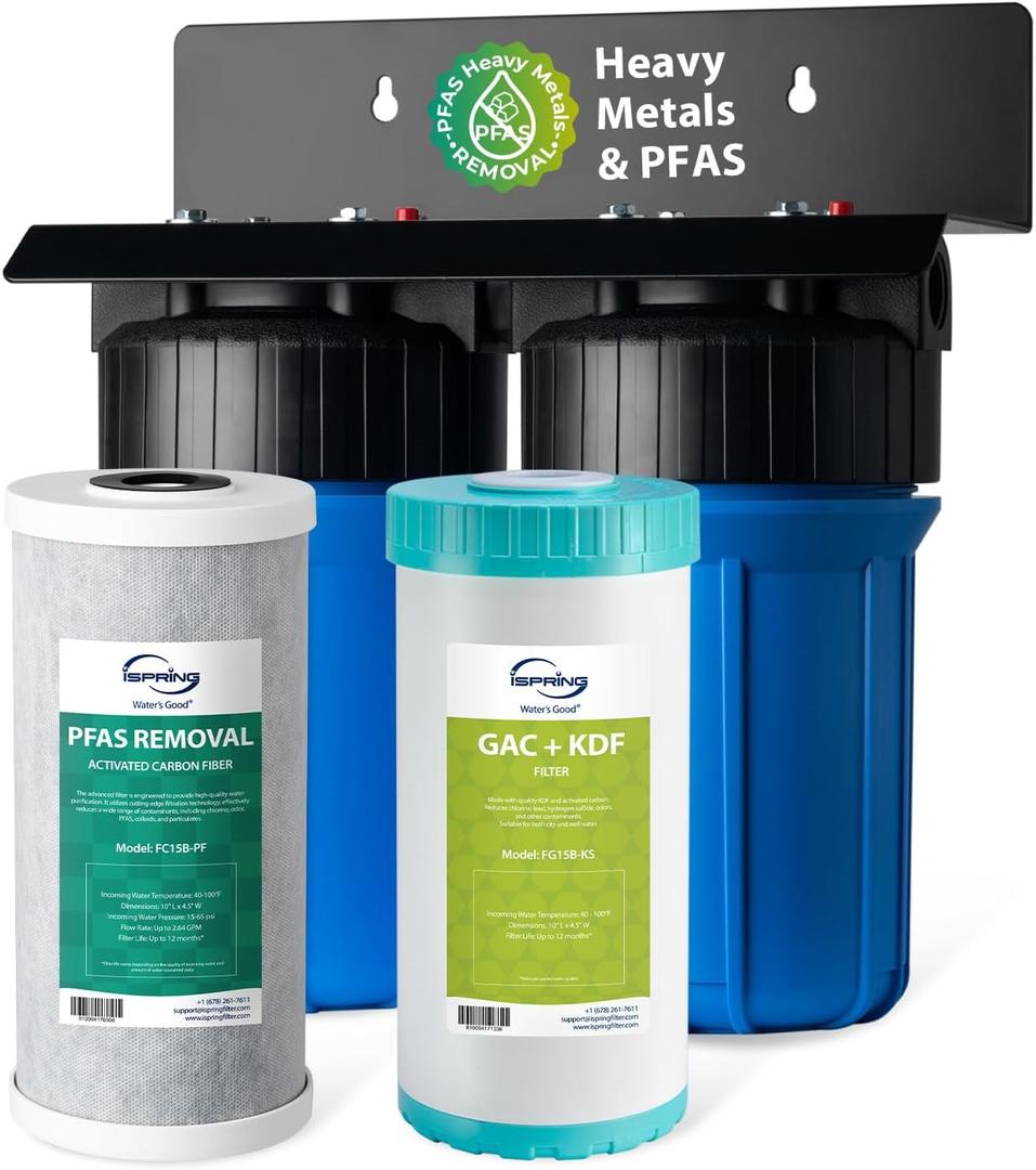 iSpring PFAS & Heavy Metals Whole House Water Filter System, SGS-Tested to Reduce 99% PFAS, 2-Stage Filtration Removes Lead, Heavy Metals, Chlorine, Sediment & Odor, 1 Inlet/Outlet Model: WGB21B-PFKS