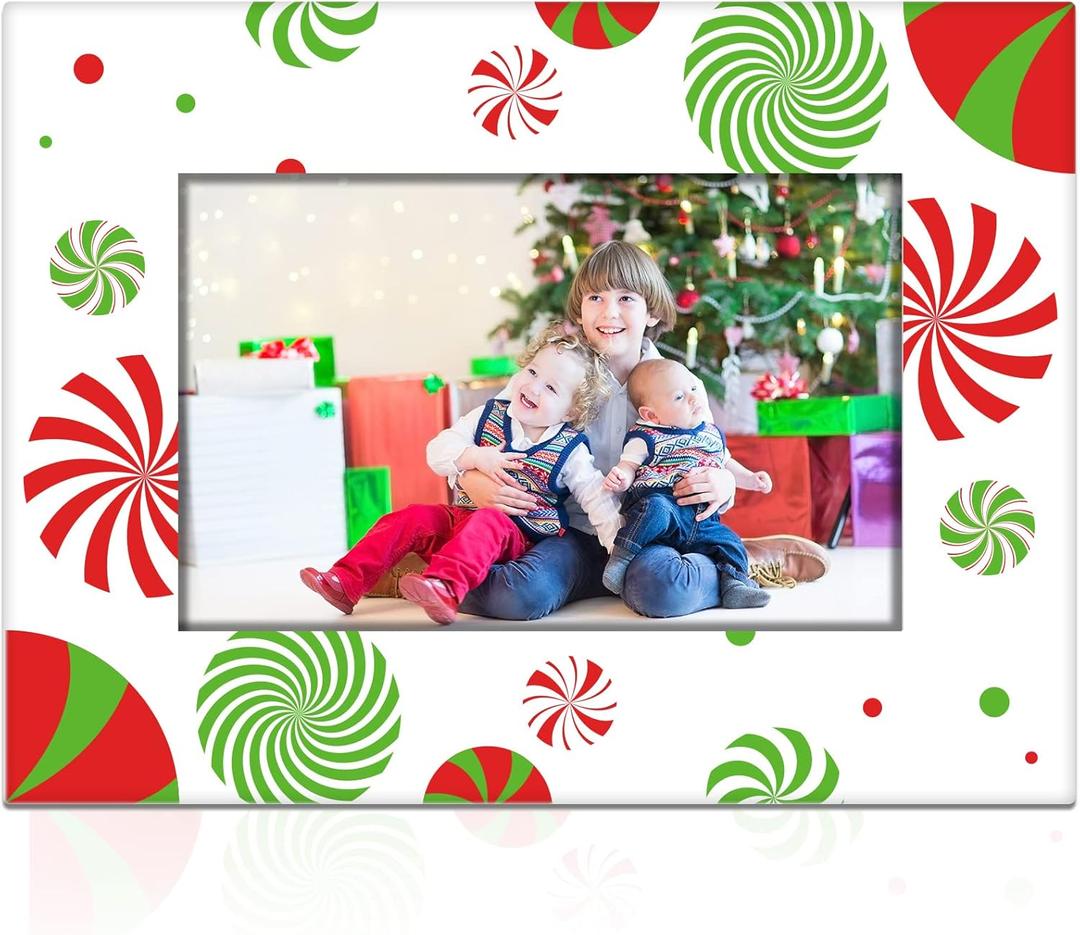 Party Greeting Red and Green Peppermint 4x6 Ceramic Photo Frame, Vertical or Horizontal, Desktop Use