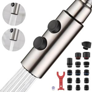 Metal Kitchen Faucet Head Replacement, Pull Down Spray Head with 15 Adapters, 2 Function Kitchen Sink Spray Nozzle, Stainless Steel, Brushed Nickel