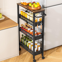 Vivihomety Utility Slim Storage Cart with Wheels, 4 Tier Small Rolling Cart with Wood Top, Metal Kitchen Bathroom Laundry Room Organization Trolley with Handle for Narrow Space – Black