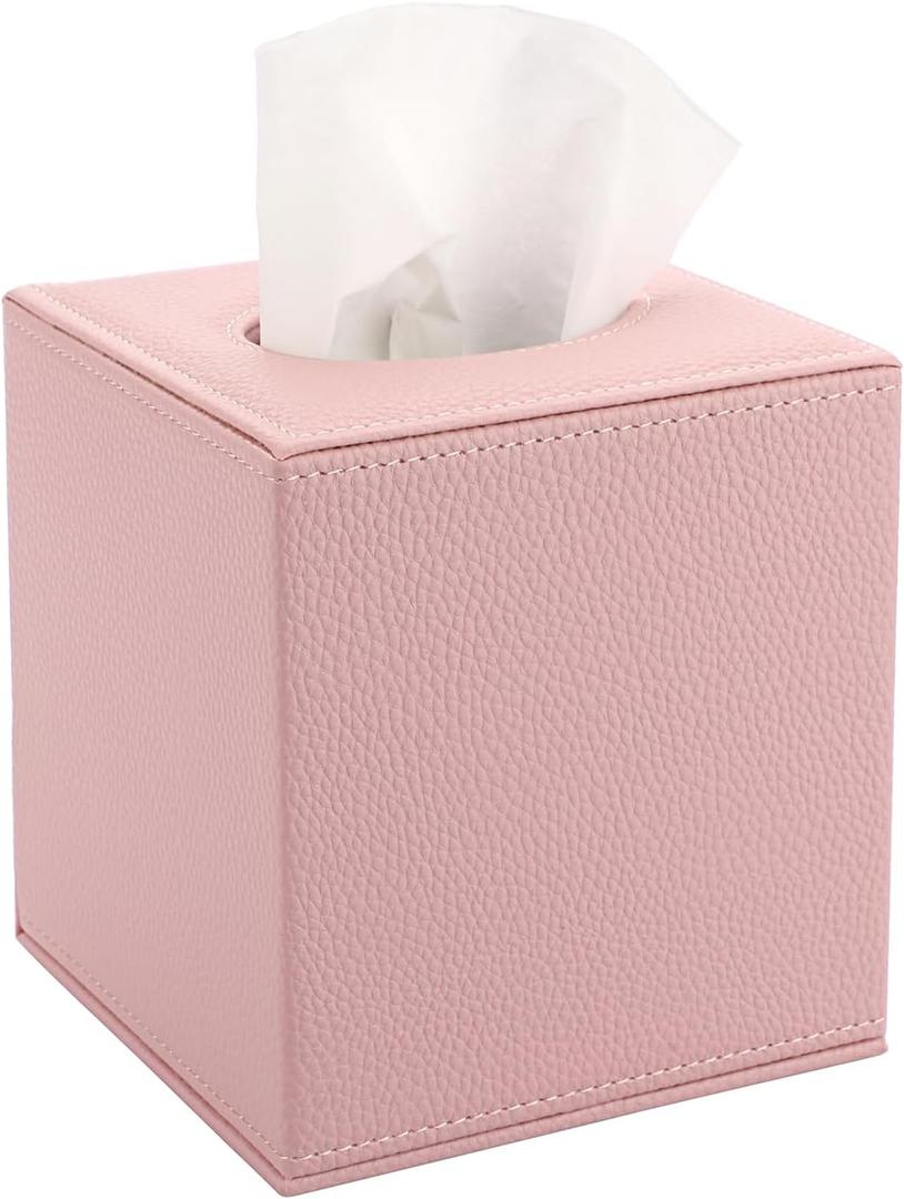 Sumnacon Tissue Box Cover Square Tissue Box Stylish PU Tissue Box Holder with Magnetic Bottom, Cube Leather Tissue Cover for Living Room Bathroom Table Desk Home Office Car, Pink