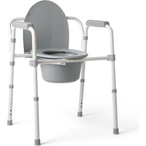 Medline Folding Steel Bedside Commode, Elongated Seat, 350 lb Capacity, 1 Count
