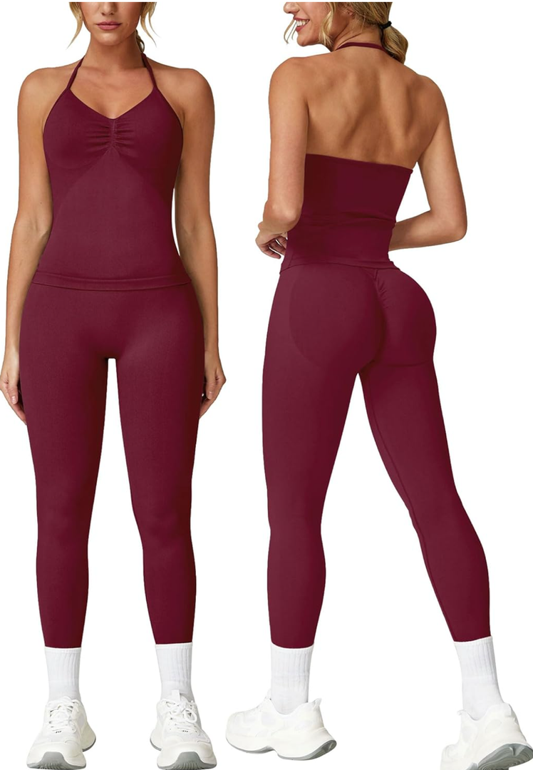 ABOCIW Workout Sets for Women Seamless Scunch Butt Lifting Impact Leggings Longline Strappy Top 2 Piece Gym Outfits, Size Small