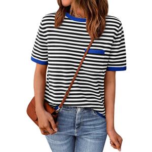 LILLUSORY Womens Striped Short Sleeve Sweater Pullover Shirts with Chest Pocket (Medium, Blue Black) LILLUSORY Womens Striped Short Sleeve Sweater Pullover Shirts with Chest Pocket (Medium, Blue Black)