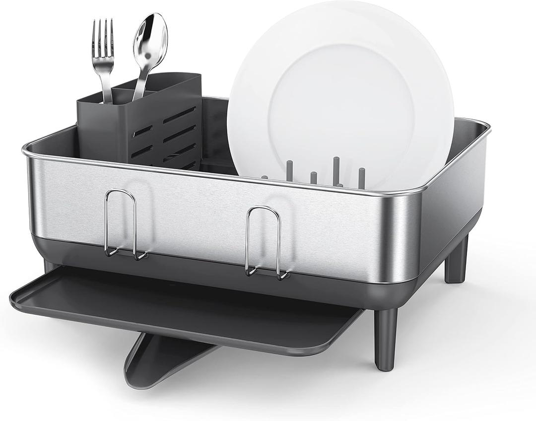 simplehuman Compact Dish Drying Rack with Stainless Steel Frame, 360 Easy Drain Swivel Spout, Utensil Holder, Anti-Residue Coating, Moisture Control Surface, Grey