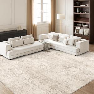 Art&Tuft Washable Rug, Ultra Thin Anti-Slip Backing Abstract 9x12 Rug, Low Pile Stain Resistant Rugs for Living Room, Foldable Machine Washable Area Rug (TPR53-Beige, 9'x12') (9' x 12' (Rectangular))