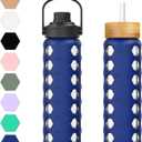 MUKOKO 24oz Glass Water Bottle with 2 Lids-Handle Flip Lid&Bamboo Straw Lid,Motivational Water Tumbler with Time Marker Reminder and Silicone Sleeve, Leakproof-Blue (Bule)