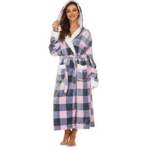 iniber Plush Robes for Women, Womens Robe Long, Fuzzy Fluffy Soft Warm Fleece Hooded Bathrobe (Medium, L F01 Plaid-2)