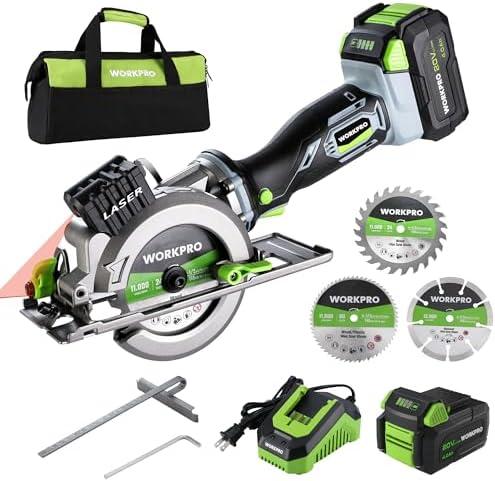 WORKPRO 20V Cordless Mini Circular Saw, 4-1/2" Compact Wireless Circular Saw 4.0Ah Battery, Fast Charger, 3 Blades, 4500RPM, Laser Guide, Max Cutting Depth 1-11/16"(90), 1-1/8"(45) - Amazon.com