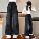 Kids Girls Jeans Washed Elastic Waist Baggy Wide Leg Jeans Size 4-14 Years (5-6 Years, Black Start)
