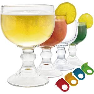 Chefcaptain Margarita Glass Schooner- 21.5 Oz Set of 4 Extra Large Goblet With Clips ZERO LEAD Crystal Style Shrimp Cocktail, Coronaritas, Margaritas Set Of 4 With 4 Color Clips