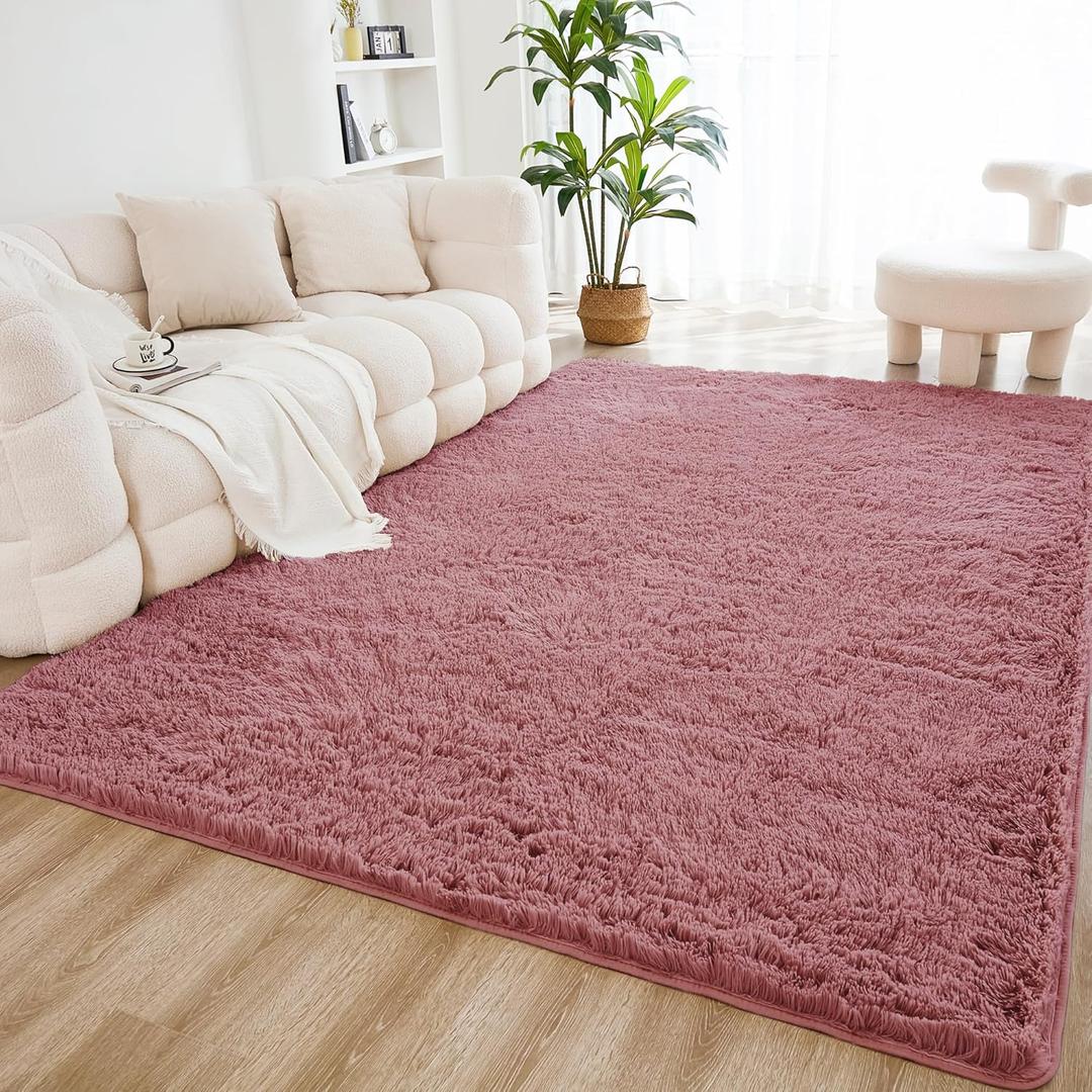 Litanika 4x6 Shag Area Rug for Living Room Bedroom, Pea Pink High Pile Ultra Soft Plush Shaggy Furry Bedside Playroom Dorm Carpet, Non-Slip, Non-Shedding Modern Indoor Floor Rug (Solid Bean Pink)