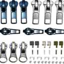 Zipper Repair Kit 39 Pcs, #5 Sliders with Pull, Metal Zippers Retainer Box,Insertion Pin 6 Sets, Replacement Zip Bottom/Top Stop, Metal, Plastic, Nylon Coil Zippers Head FIx on Jaceket