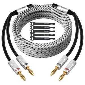 Elecan 14 AWG Speaker Cable Wire 6 Feet with Gold-Plated Banana Tip Plugs-CL2 Rated-in Wall-Heavy Duty Nylon Braided, Oxygen-Free Copper (OFC)-White-with 5 Cable Ties