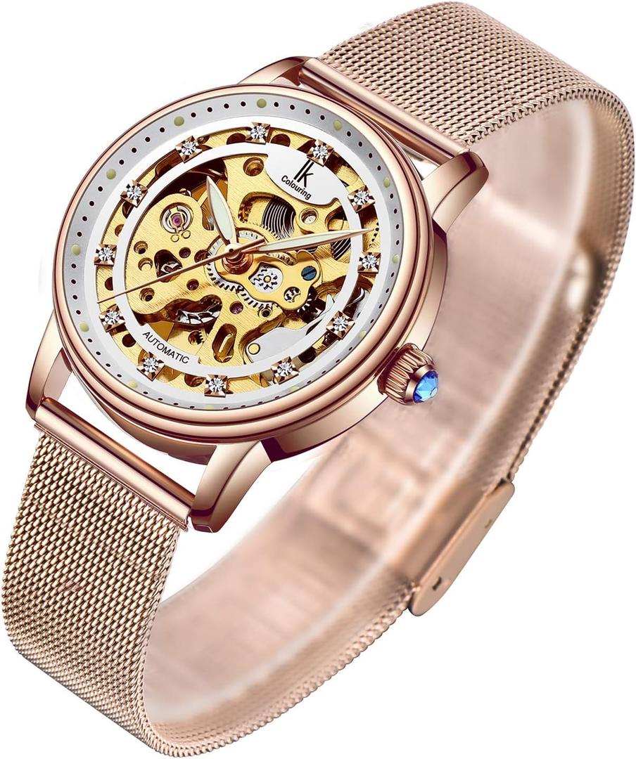 Gute Women's Watch Luxury Mechanical Stainless Steel Skeleton Steampunk Automatic Self Winding Wristwatch (Gold)