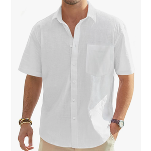 J.VER Men's Cotton Linen Short Sleeve Shirts Casual Lightweight Button Down Shirts Vacation Beach Summer Tops with Pocket, Size XL