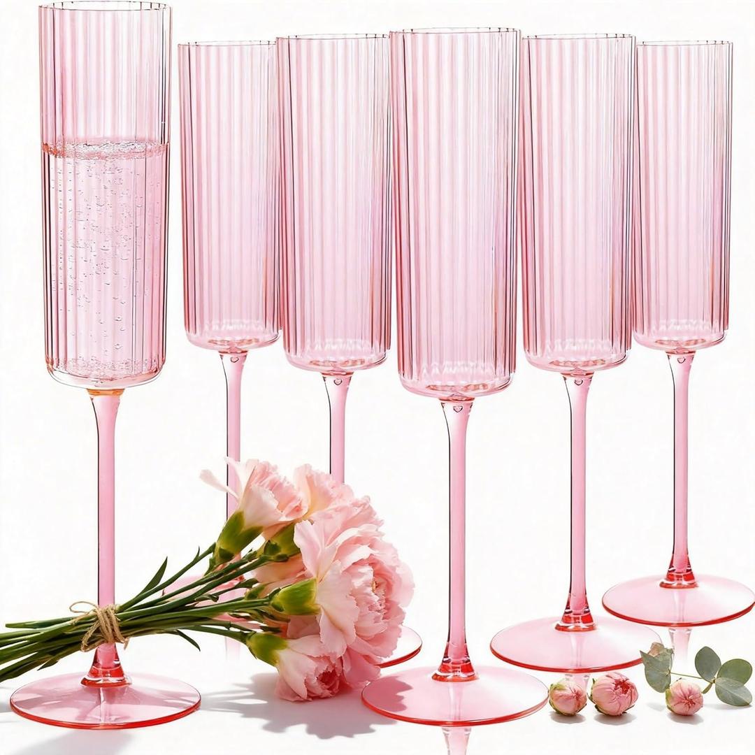 36 Pack Pink Plastic Champagne Flutes - 6oz Ribbed Disposable Champagne Glasses - Clear Pink Vintage Mimosa Glasses with Long Stem Elegant & Lightweight for Wedding Party Mothers Day