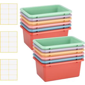 Zonon 12 Pcs Plastic Cubby Storage Bins Classroom Cubby Organization Storage Containers with 1 Pack Self Adhesive Labels Bin for Office Library School Home(Macaron Color)