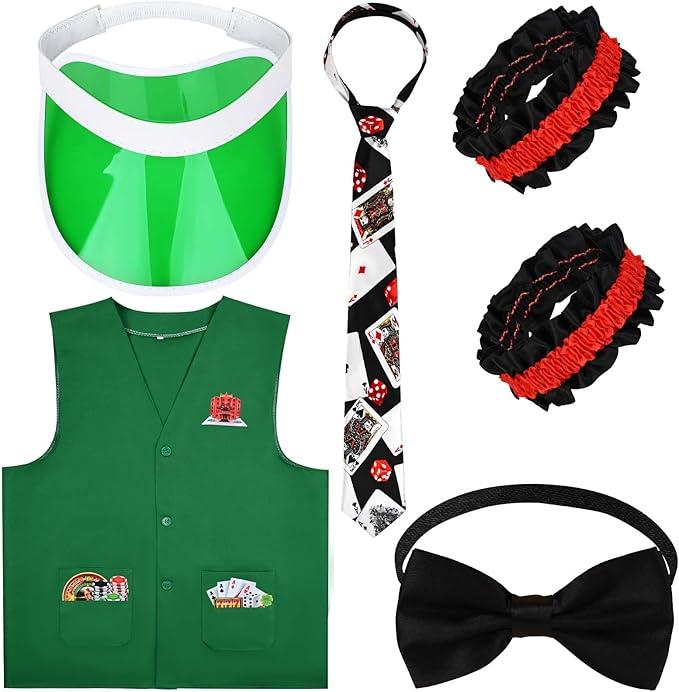 Kavoc 5  Pcs Casino Dealer Costume Set Dealing Visor Hat Vest Bowtie Armband Poker Necktie for Adults Las Vegas Game Night Party