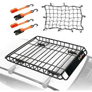 Carforu Roof Rack Basket 51″ X 36″ X 5″ Universal Rooftop Cargo Basket, 250LB Heavy Duty Cargo Basket Car Roof Basket for SUV, Truck, Cargo Net with Attachment Hooks, Pack of 2 Ratchet Straps