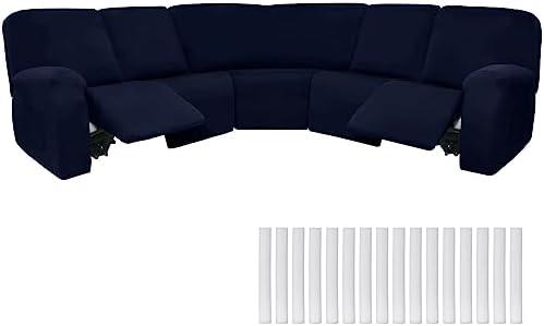 Peryiter 7 Pcs L Shape Sectional Recliner Sofa Covers 5 Seat Sectional Couch Covers Milk Silk Velvet Stretch Reclining Sofa Slipcover Furniture Protector for Living Room(Navy Blue,Milk Silk)