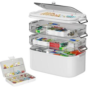 NiHome Home & Travel 4-Tier Medicine Storage Box with Portable Pill Case, Durable Adjustable Compartments, Moisture-Resistant Lid, Secure Handles for Pill Organization, Vitamins, Supplements (White)