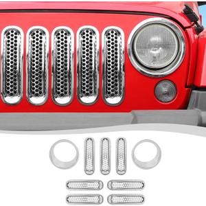 Mesh Grille Grill Insert+Headlight Turn Light Cover Trim Fit for 2007-2018 Jeep Wrangler JK JKU(Chrome)