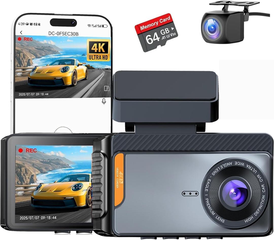 4K Dual Channel Dash Cam Front and Rear, Free 64GB Card Included, 5.8GHz WiFi Dash Camera for Cars, Built-in GPS, G-Sensor, 170Wide Angle, 3" IPS Screen, 24H Parking Mode, Support 512GB Max