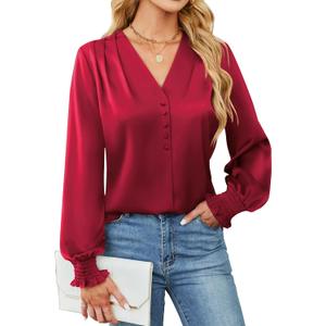 BMJL Women's Blouses Dressy Casual Satin Silk Long Sleeve Shirts Business Casual Tops (Red)